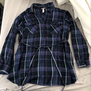 Isabel Maternity Women XL Button Up Shirt Blue Plaid Rayon Long Sleeve